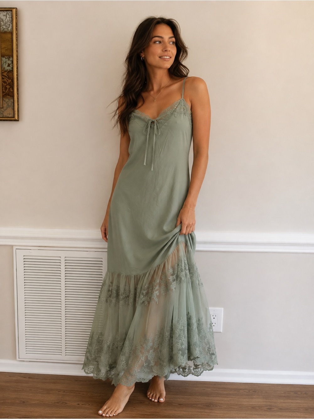 Olivia Slip High-Low Maxi Dress in Sage Green Fairy Style